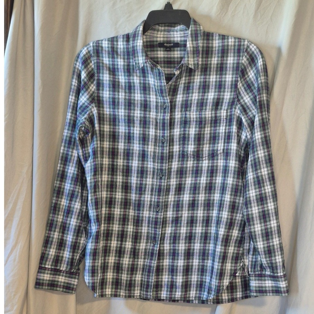 Madewell 1937 Womens Green White Plaid Cotton Button Down Shirt Large E6002